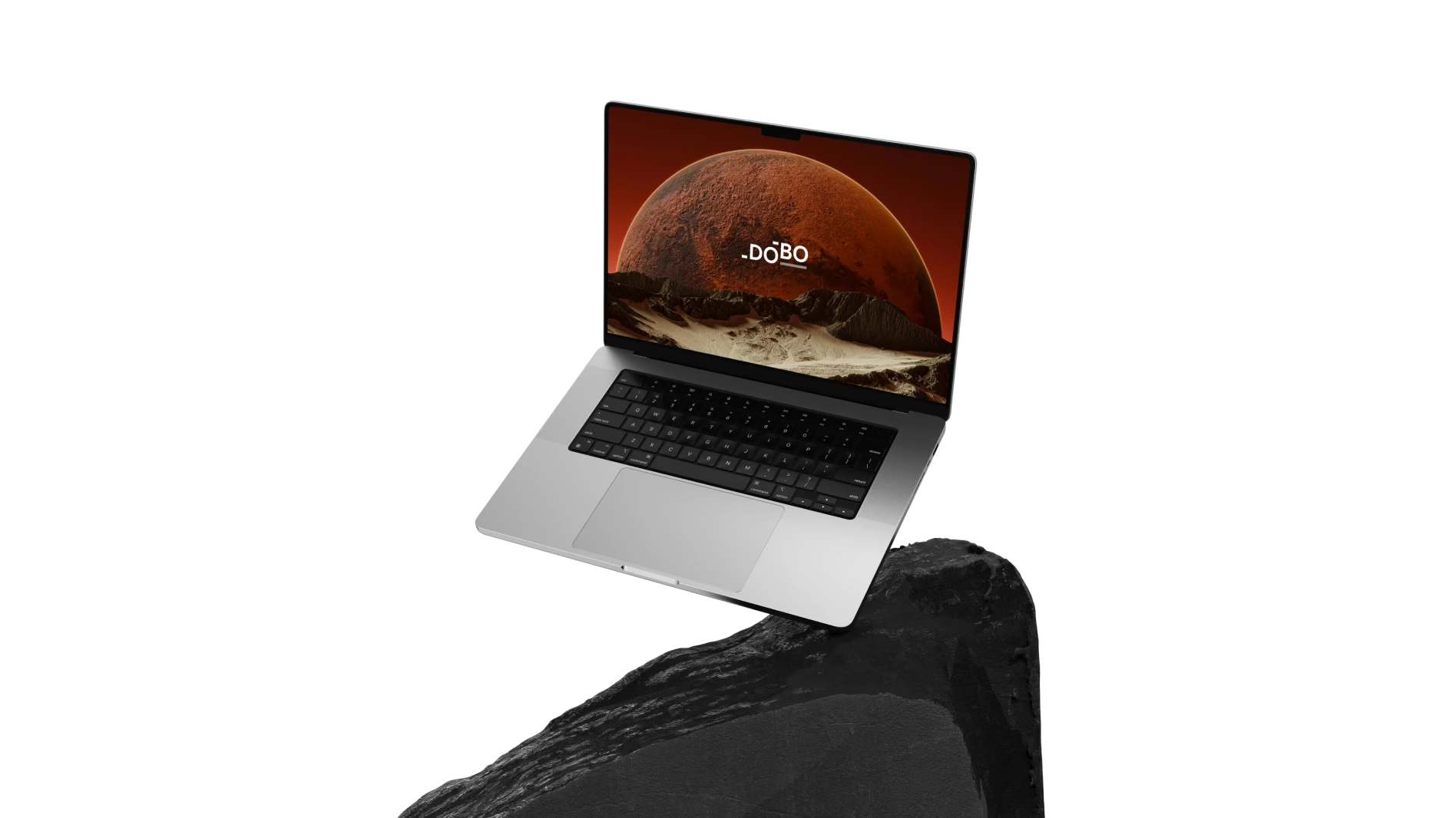 DoBo logo and background on a macbook on a rock