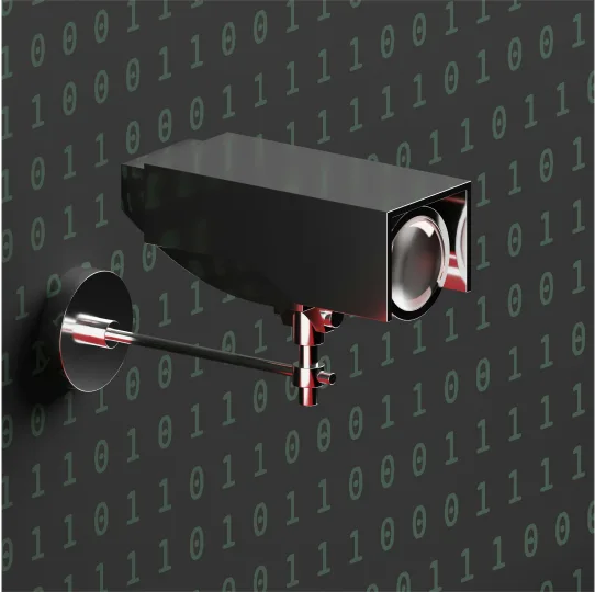 CCTV camera and background with binary code