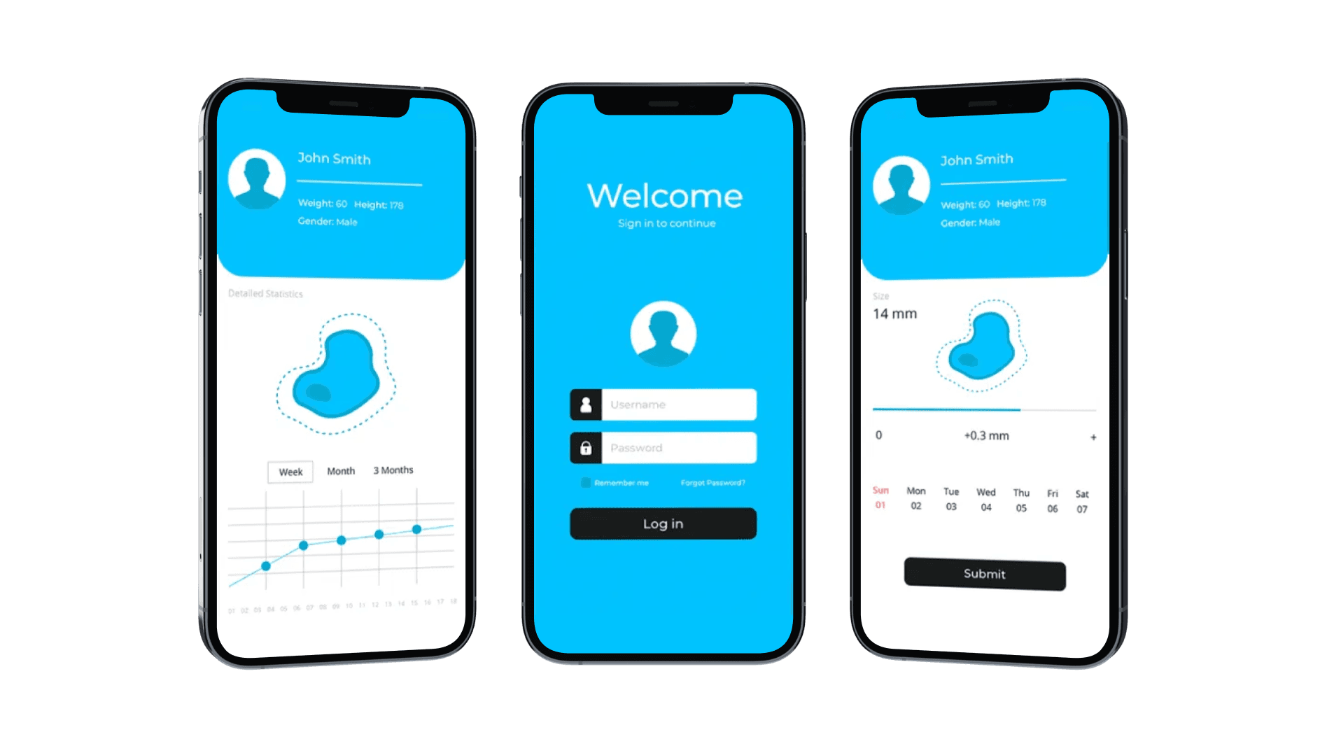Automated melanoma prevention and detection app UI showcase (welcome page, detailed statistics, submitting page)