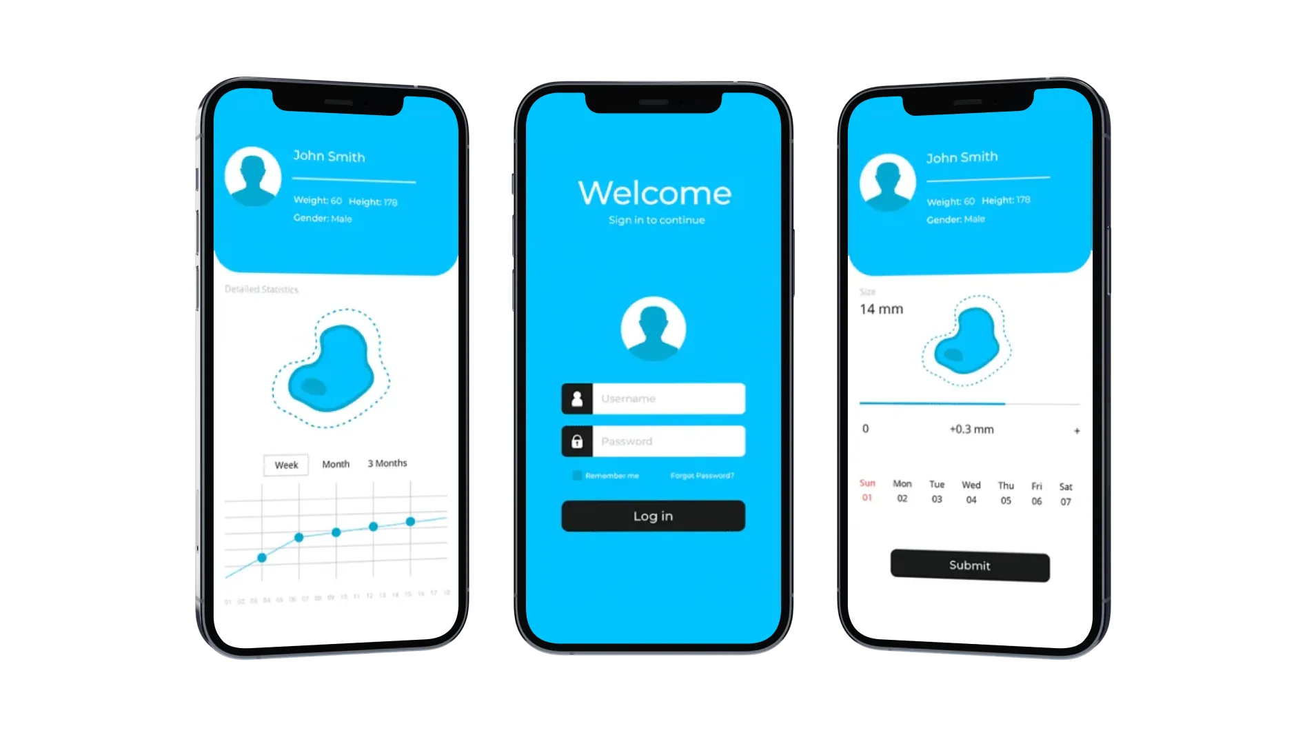 Automated melanoma prevention and detection app UI showcase (welcome page, detailed statistics, submitting page)