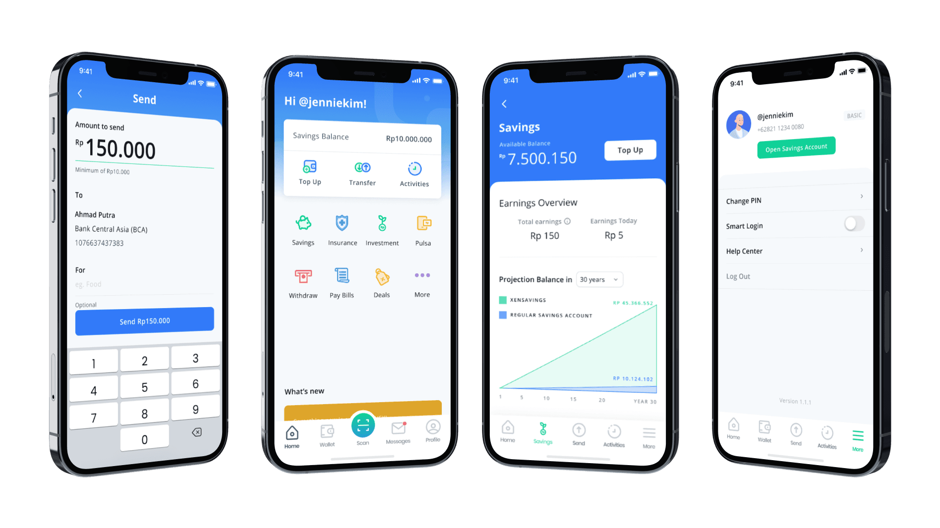 UI and functionality of the digital wallet application showcased on 4 iphones