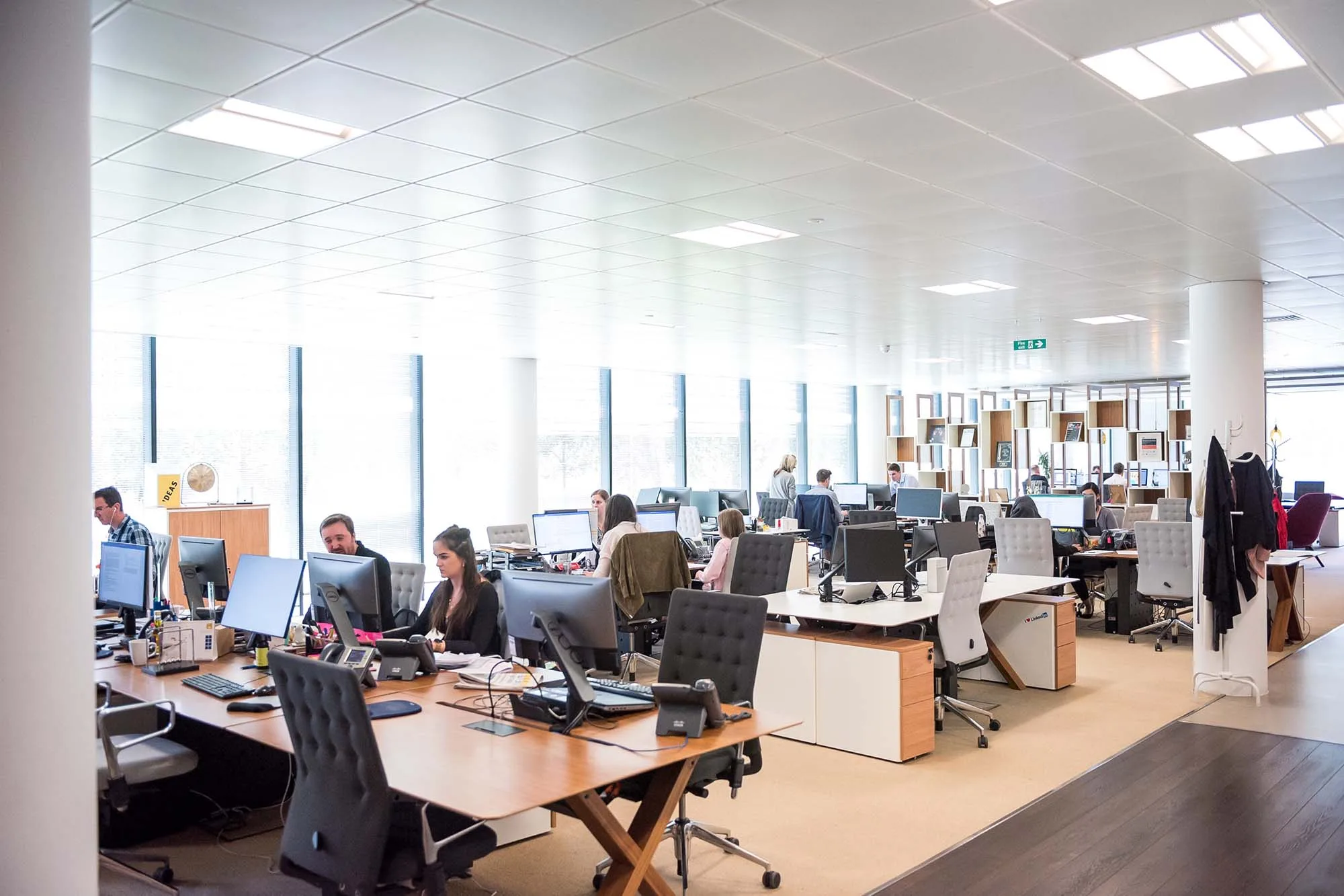 A large, bright open-plan office with employees working at desks with computers.