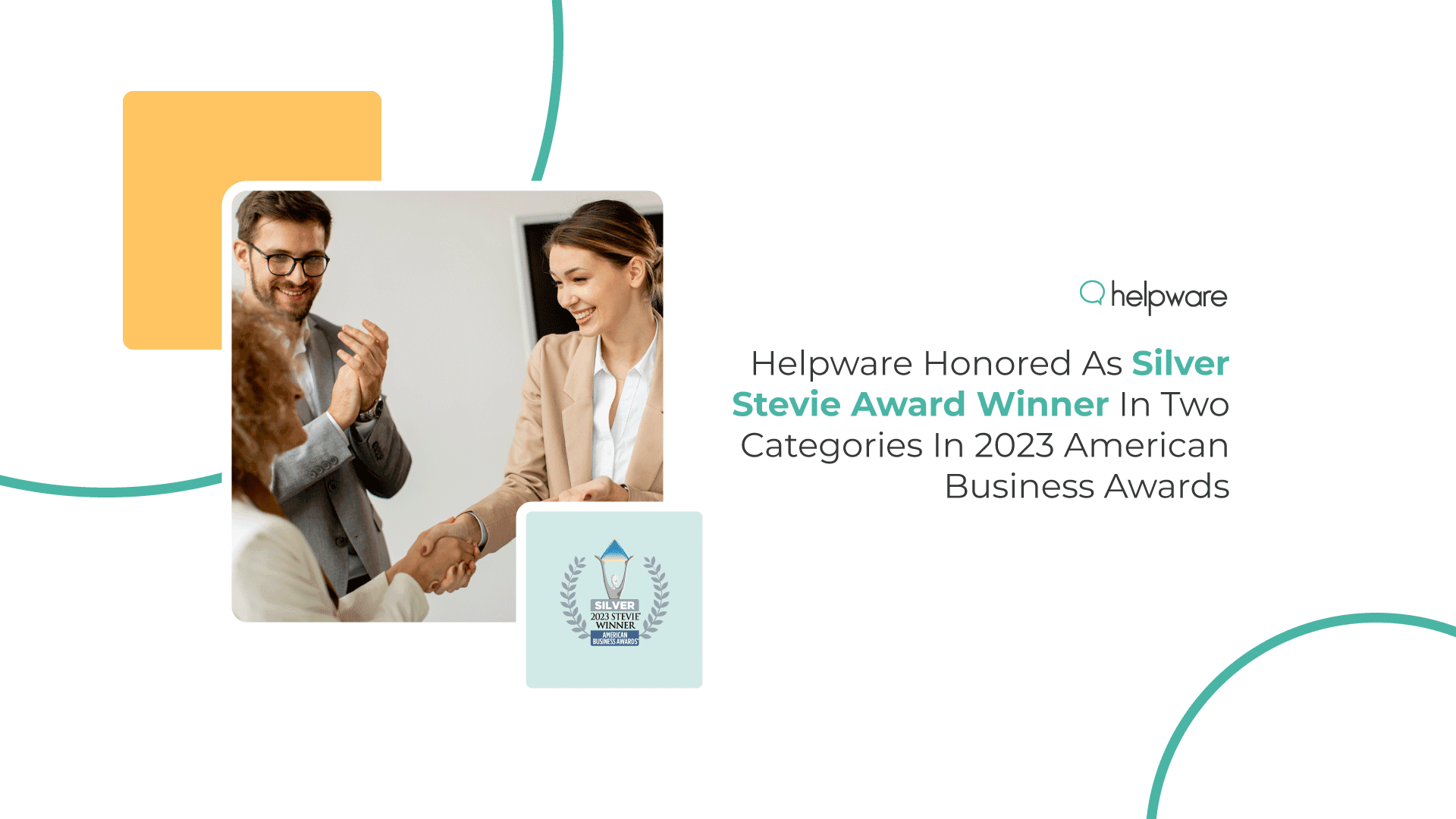 Business professionals shaking hands as a man behind them applauds, celebrating a Silver Stevie Award