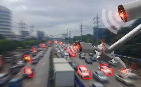 Security cameras with a red glow monitoring traffic on a busy highway
