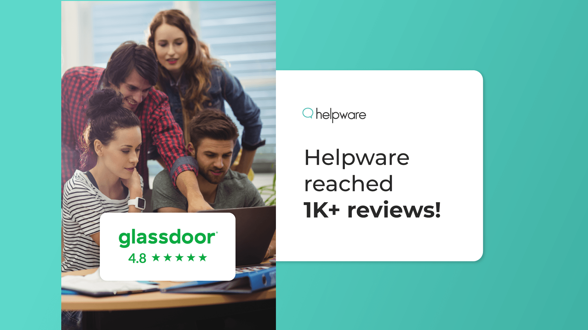 Four colleagues collaborating and working together, with one of them pointing at the laptop screen