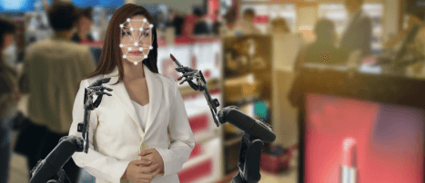 A woman in a white suit has her face scanned with a face detection overlay