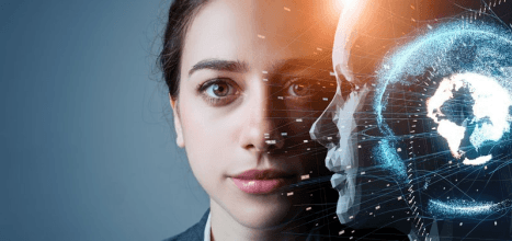 A woman with a digital representation of artificial intelligence and a globe.