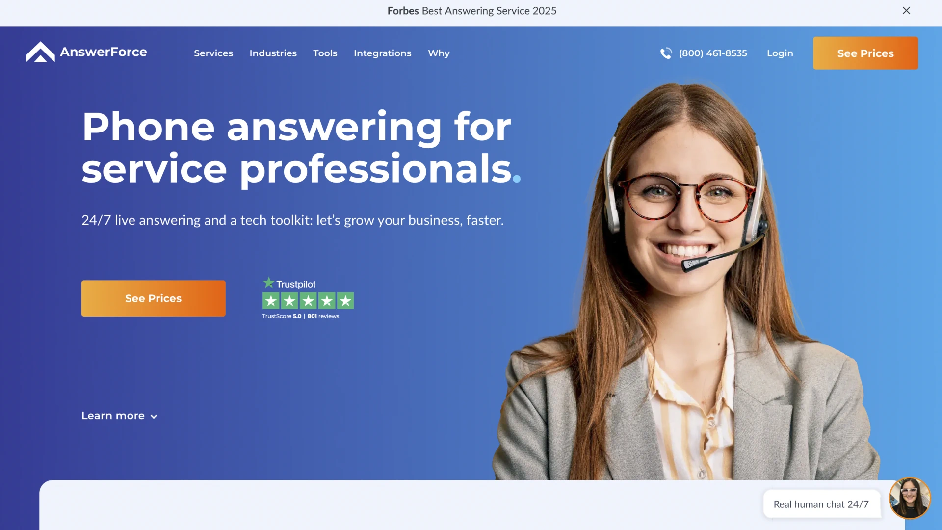 AnswerForce website highlighting their 24/7 live answering services and tech toolkit for service professionals.