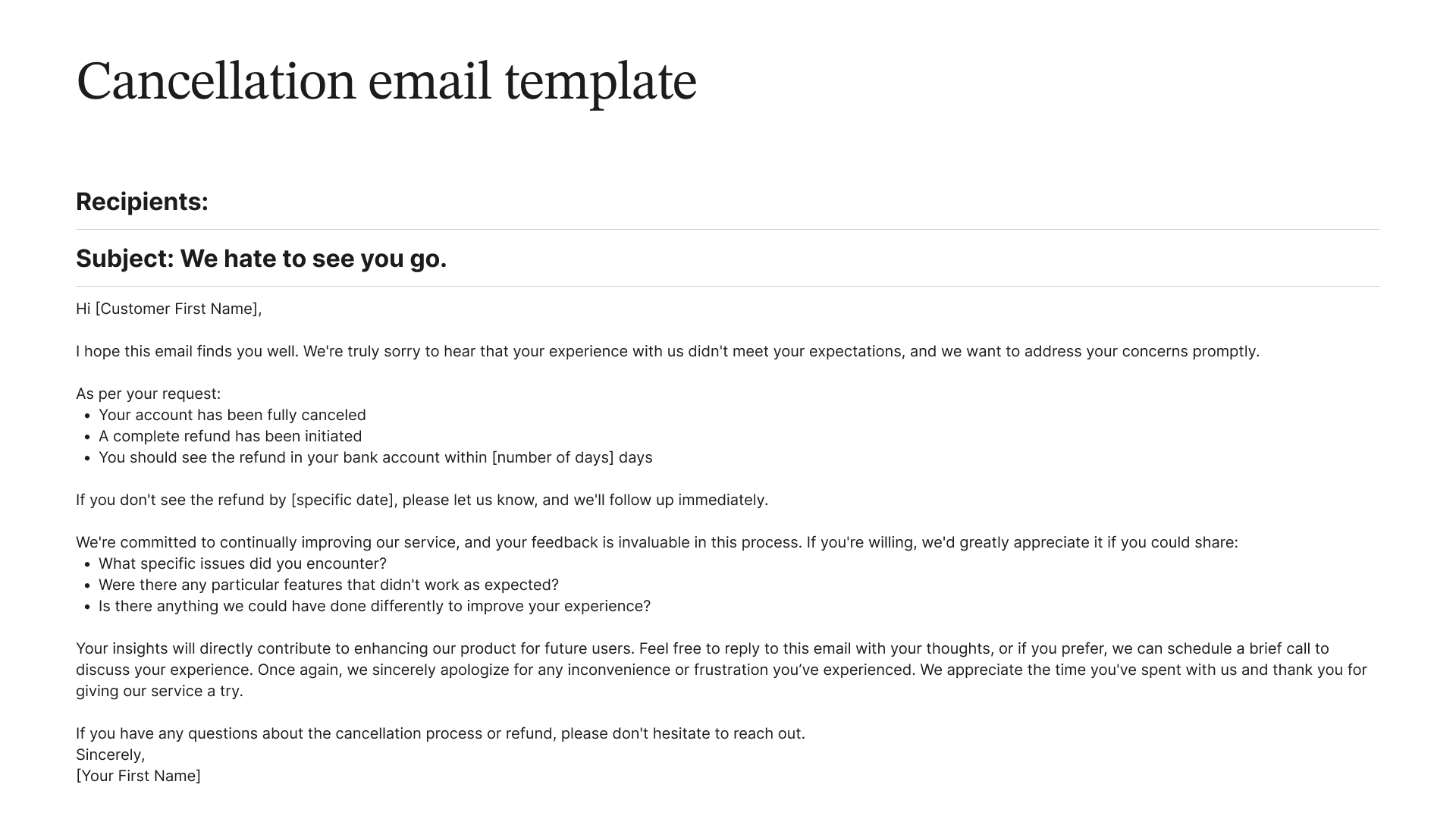 Example of a cancellation email template.