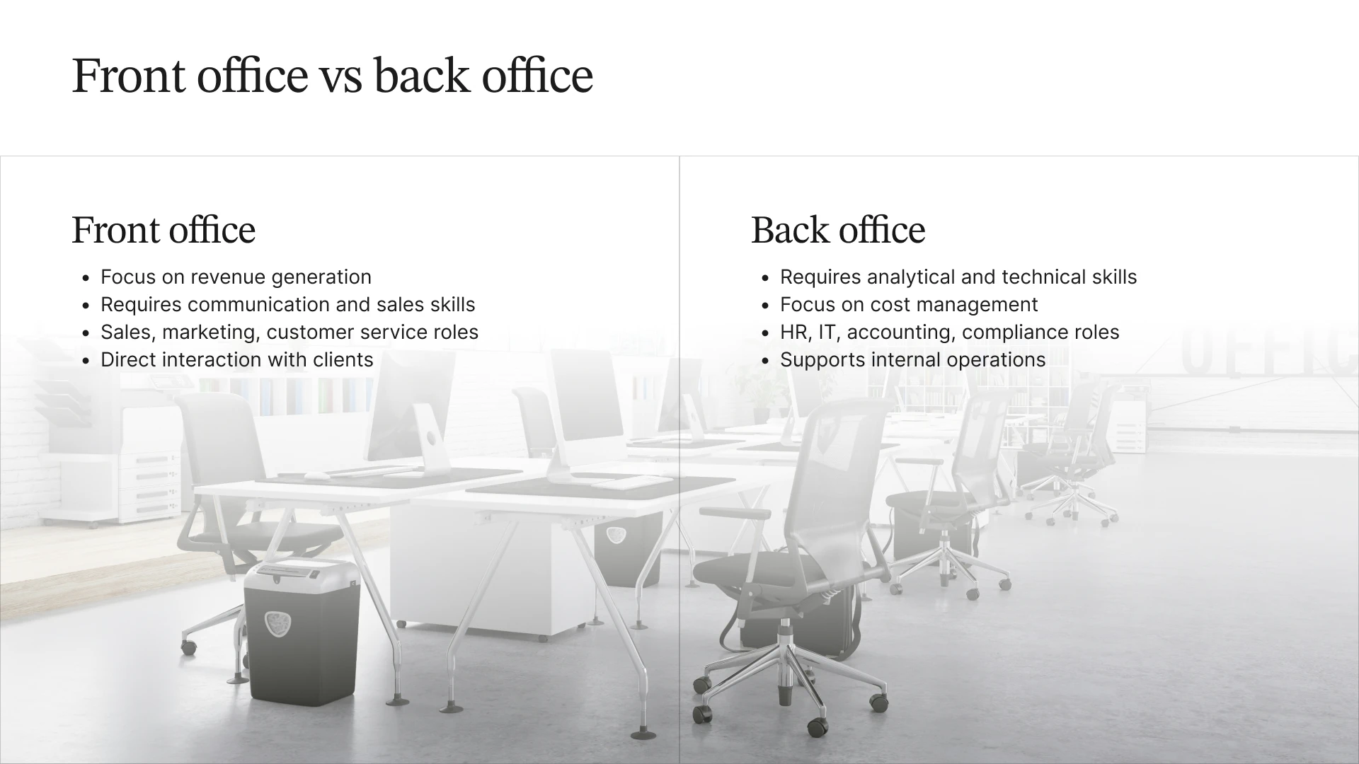 Lists illustrating the key differences between front office and back office — with front office roles being revenue-driven and customer-facing, while back office roles focus on support functions, internal operations, and analysis.