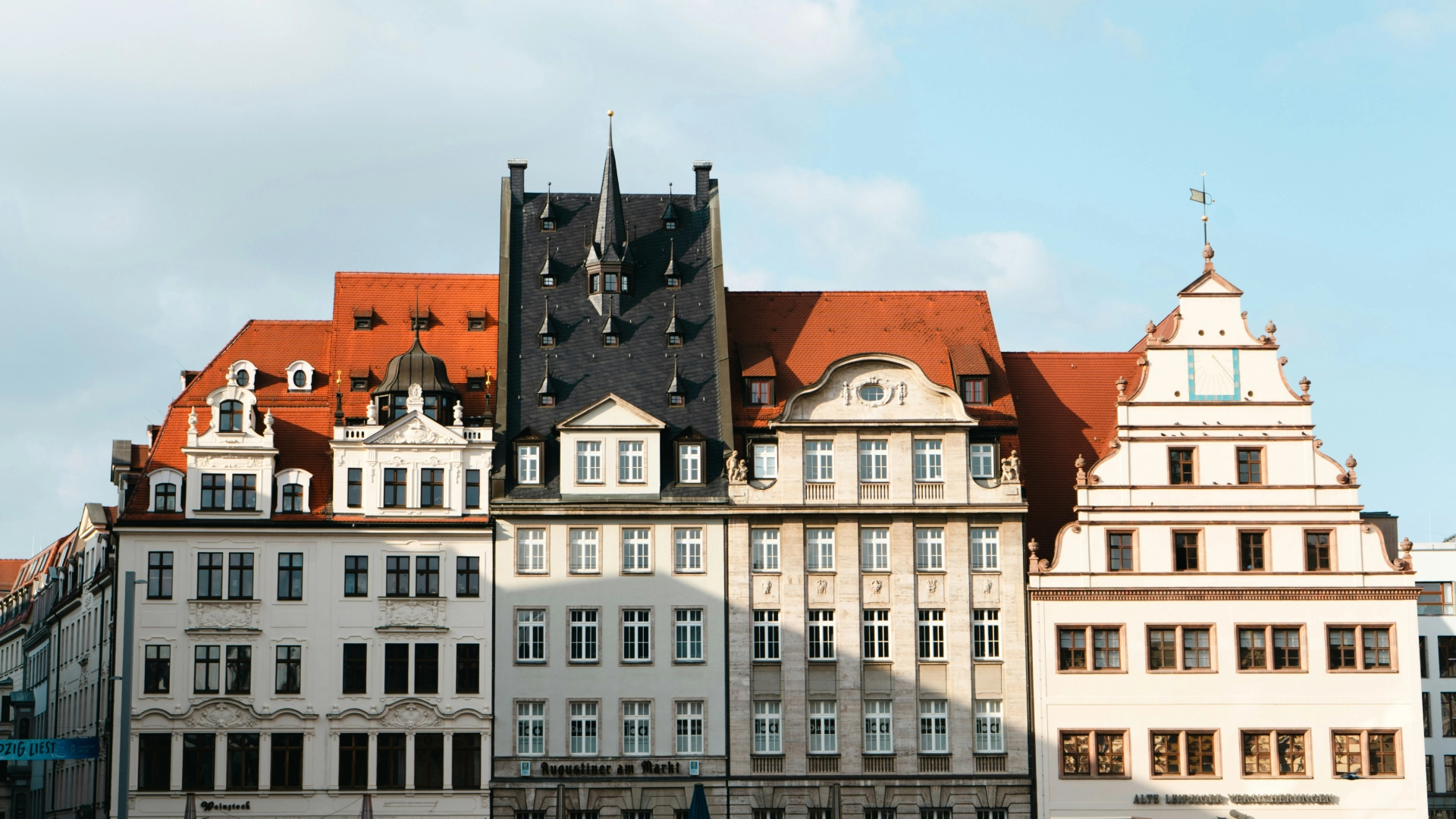 Traditional German architecture, featuring a row of historic buildings with ornate facades.