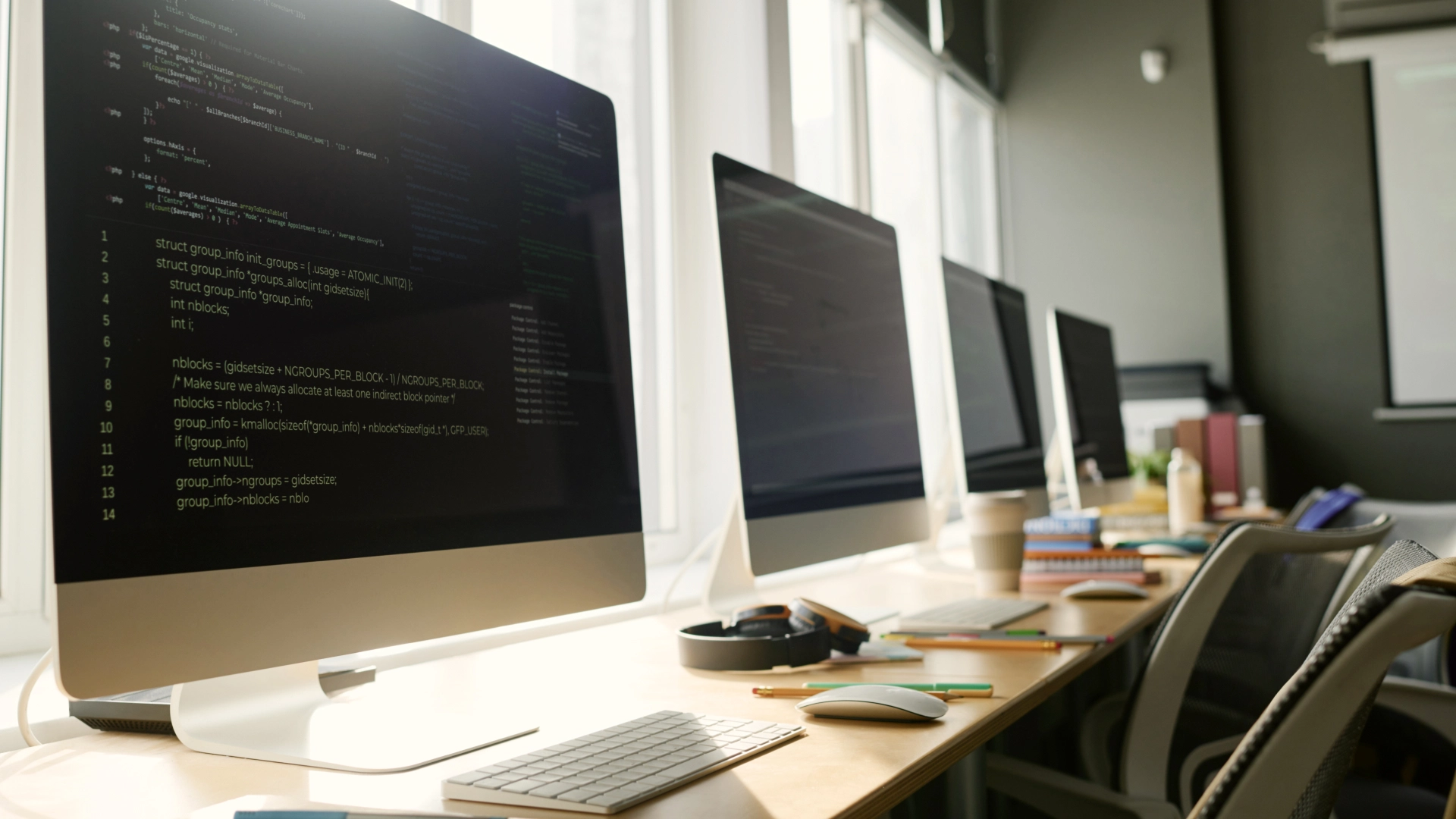 Row of computers displaying code in a modern office.