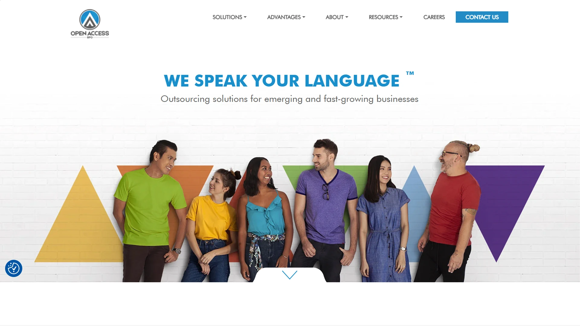 Open Access BPO website homepage features the tagline "We Speak Your Language" and a group of smiling people.