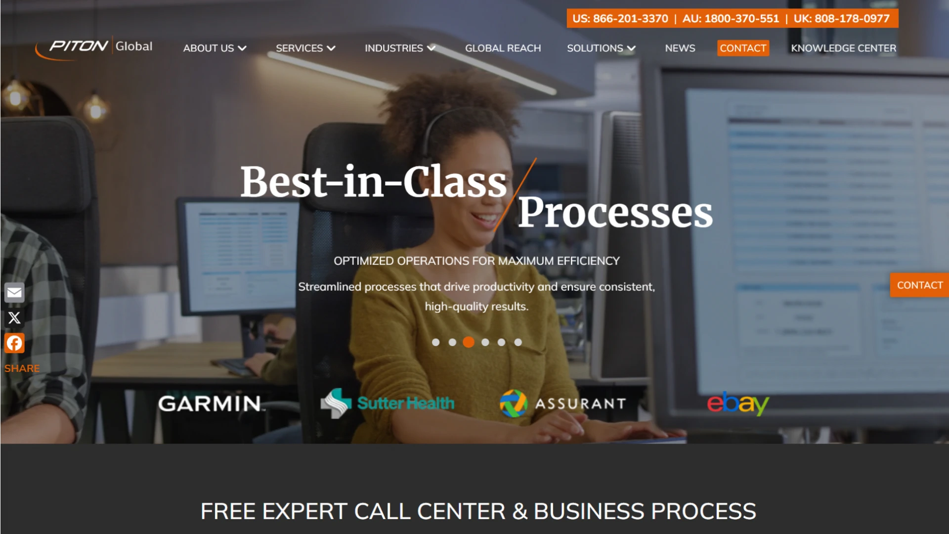 Piton Global website showcasing an agent wearing a headset, working at a computer. Headline: 'Best-in-Class Processes. Optimized operations for maximum efficiency.'