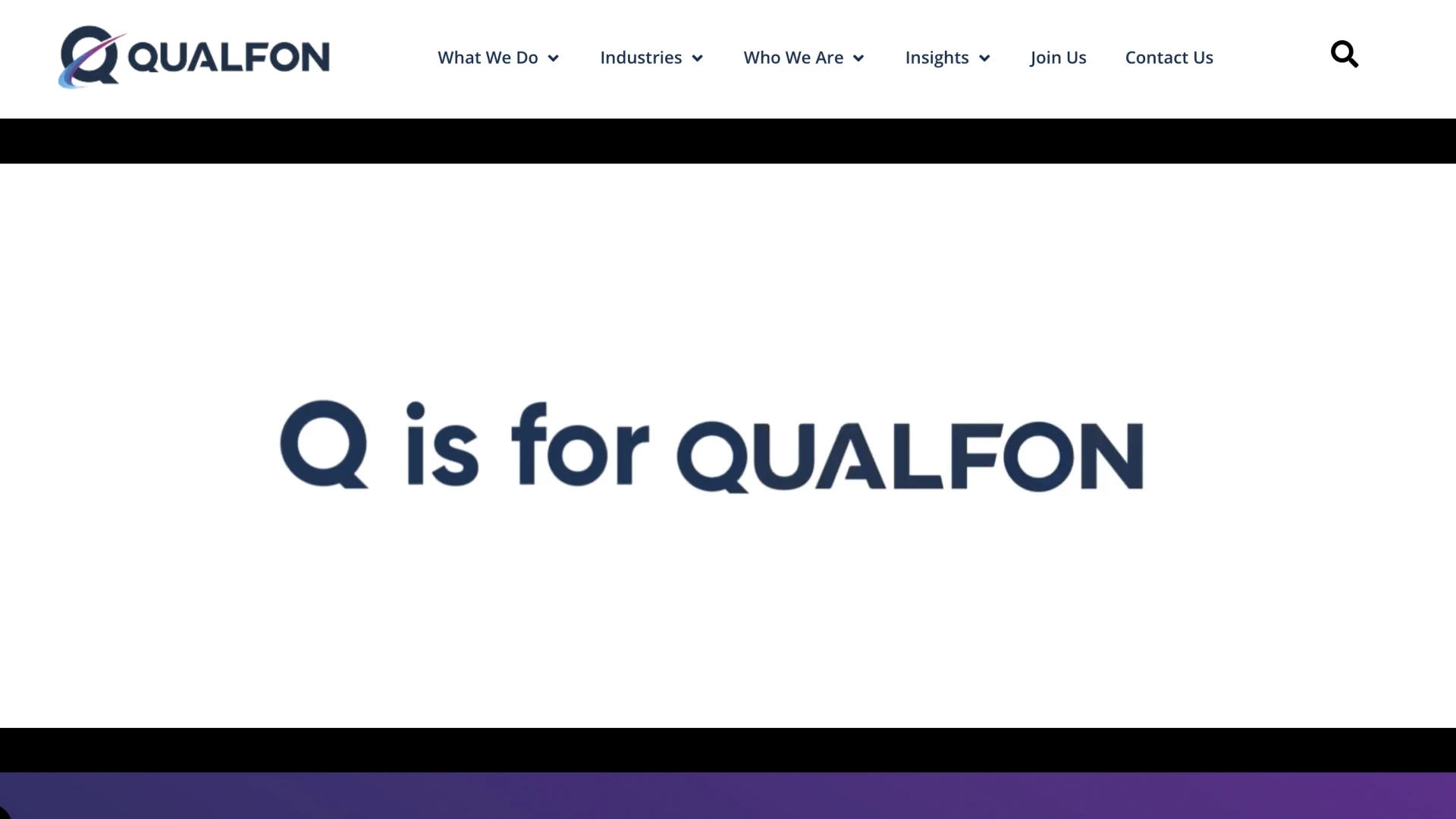 The homepage of the Qualfon website features a navigation menu and the tagline 'Q is for Qualfon' on a white background.
