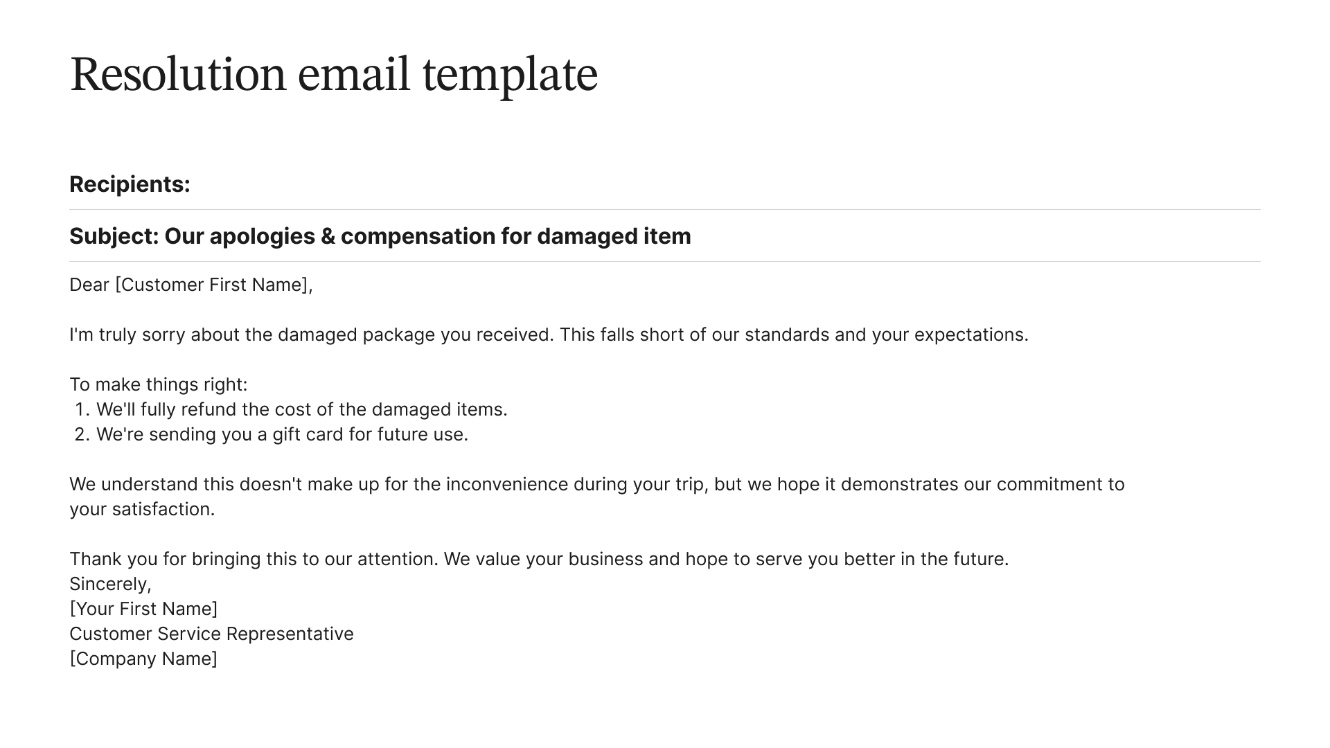 Example of a resolution email template.