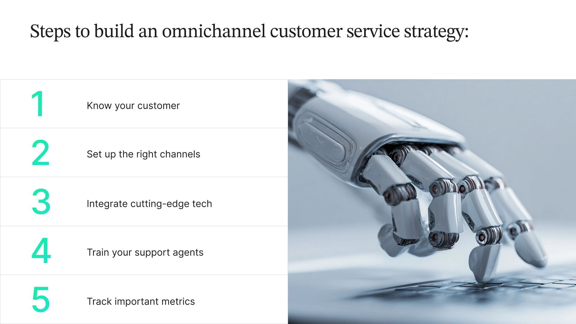 List of steps to build an omnichannel customer service strategy : Know your customer, set up the right channels, integrate cutting-edge tech, train your support agents, track important metrics.