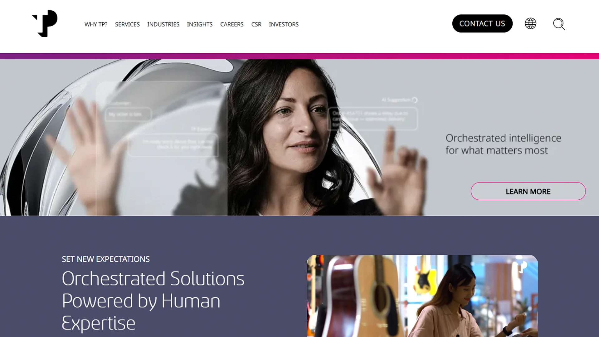 Teleperformance website homepage, featuring a woman interacting with a digital interface. The tagline reads 'Orchestrated intelligence for what matters most.'