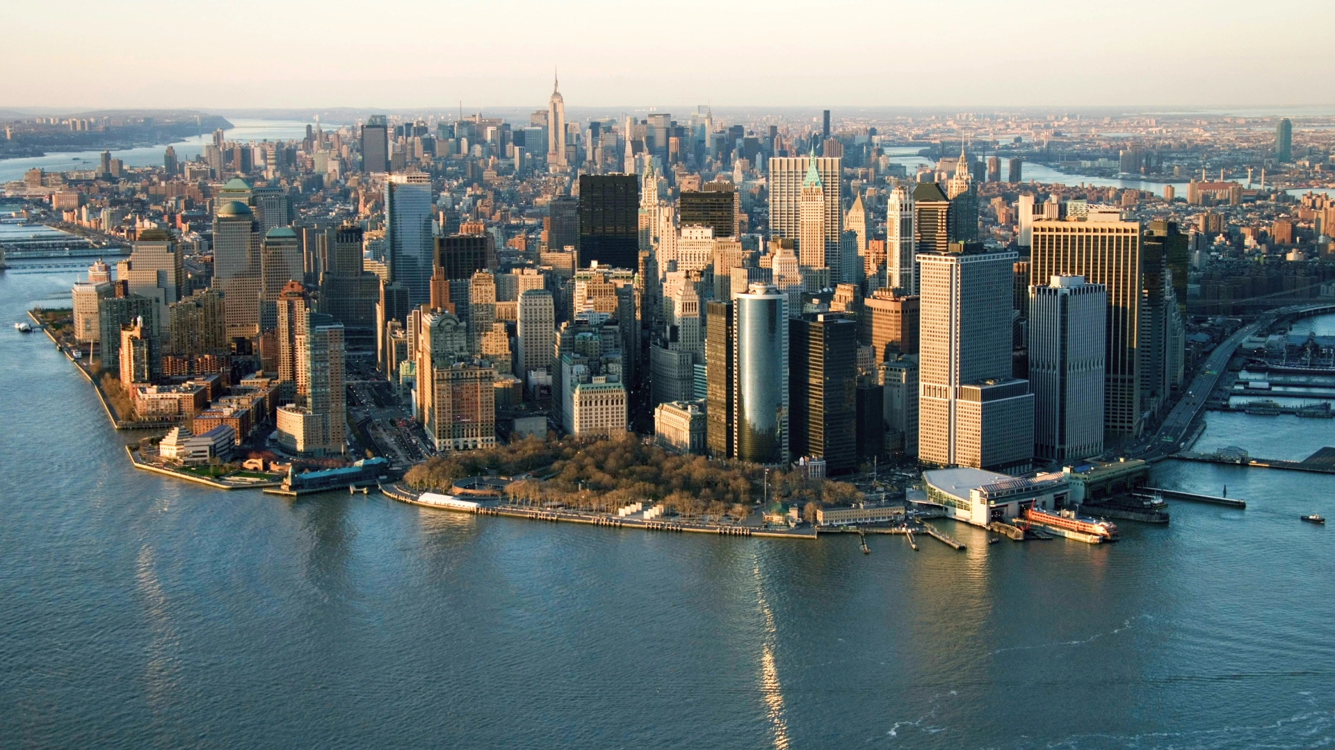 The New York City skyline at sunset.