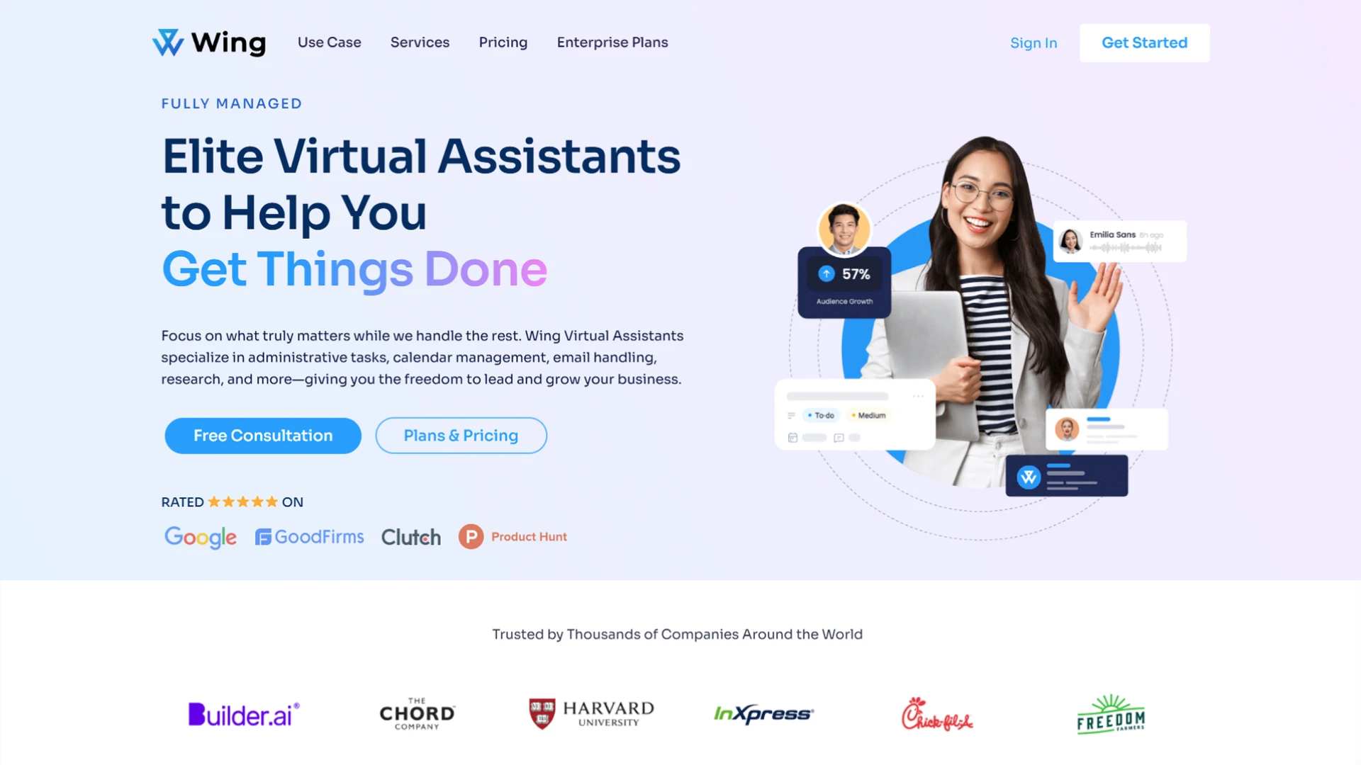 Wing's website homepage features the tagline 'Elite Virtual Assistants to Help You Get Things Done'. The page shows a woman smiling with a laptop, surrounded by graphics representing tasks and metrics.